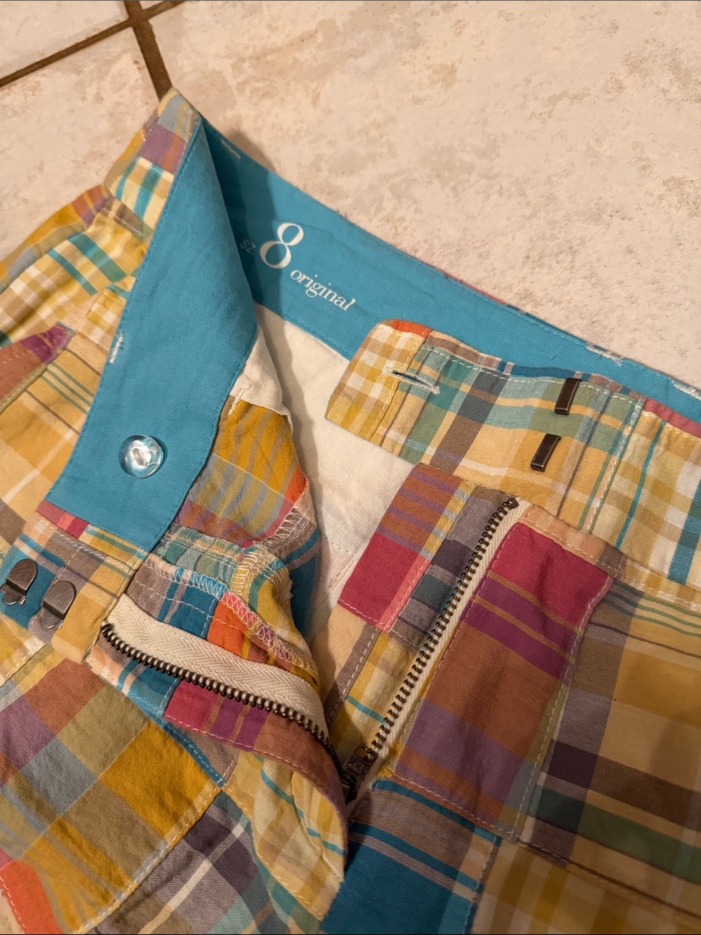 LOFT Patchwork Plaid Shorts - Yellow, Blue, Pink - Picture 4 of 4